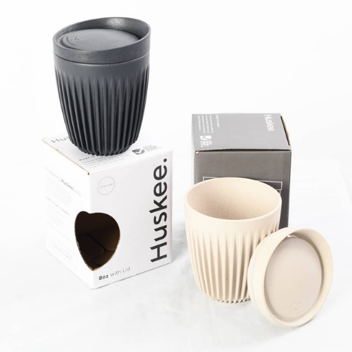 Huskee Reusable Coffee Cup + Lid - 8oz, 12oz (Natural, Black)